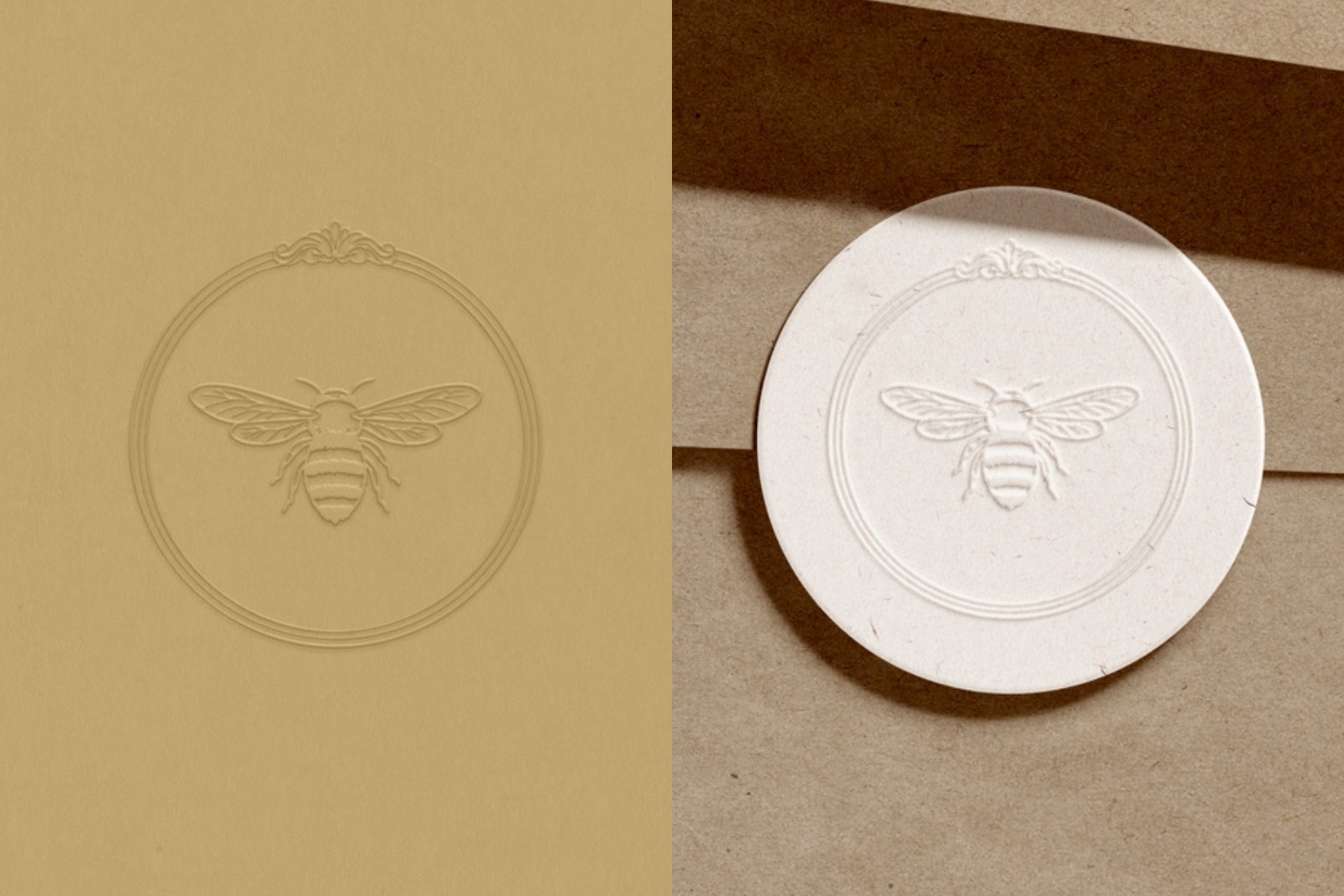 Jess Biancardi bee submark embossed on golden paper and on a cream coaster over kraft paper