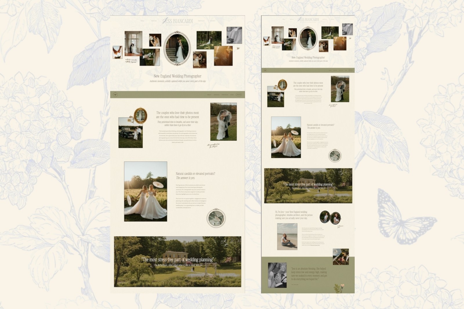 Full-length Jess Biancardi website pages on a hand-drawn floral background