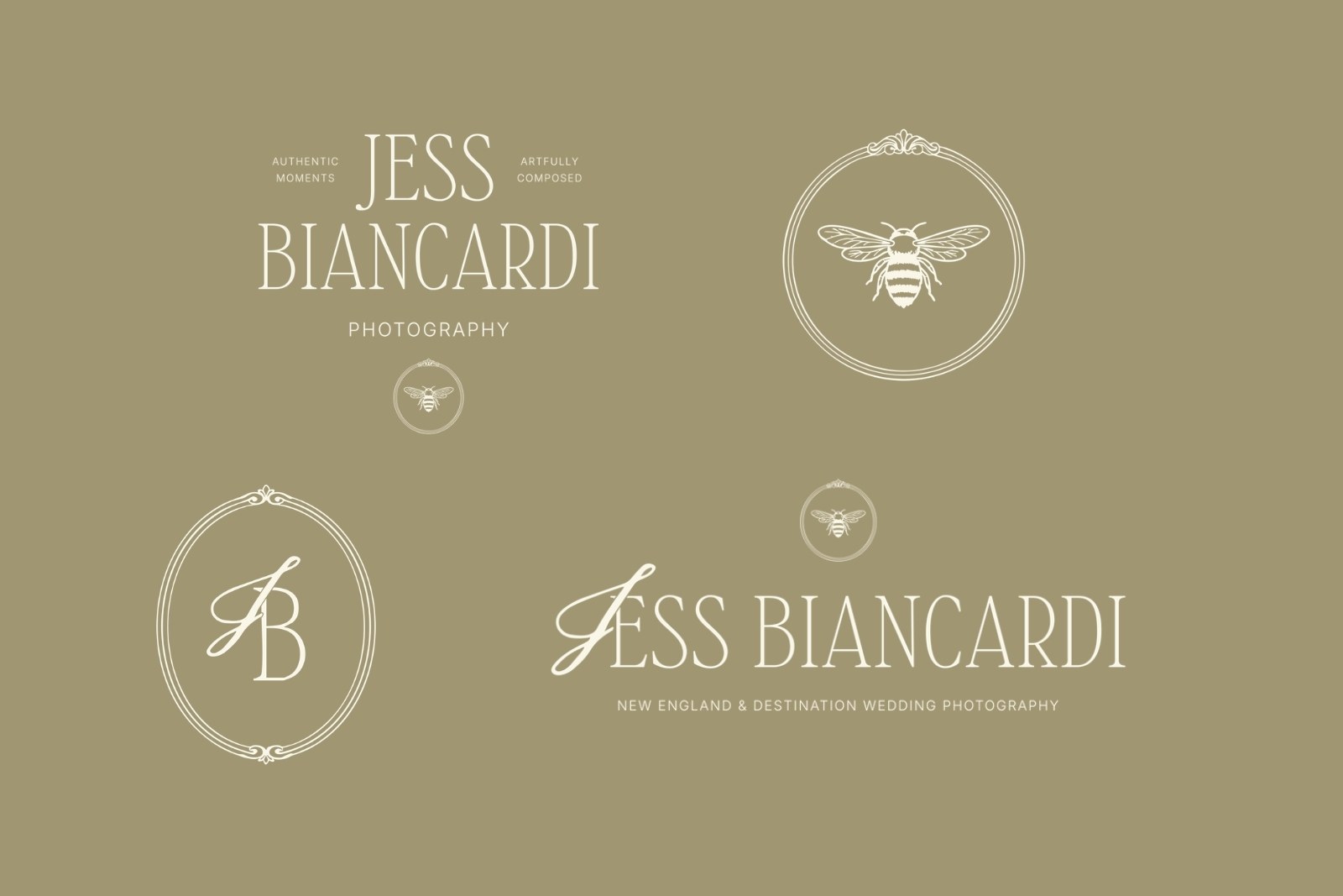 Jess Biancardi Photography logo suite: primary logo, horizontal wordmark, JB monogram and bee submark