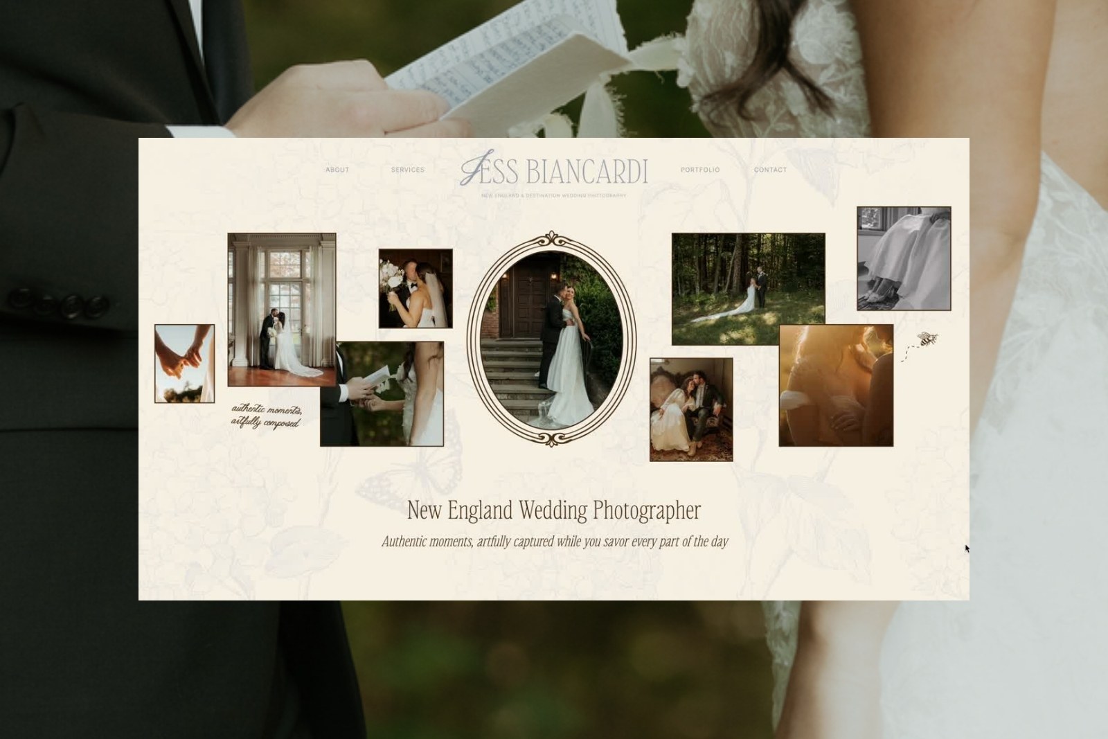 Jess Biancardi custom website homepage framed over a photo of a groom reading his vows