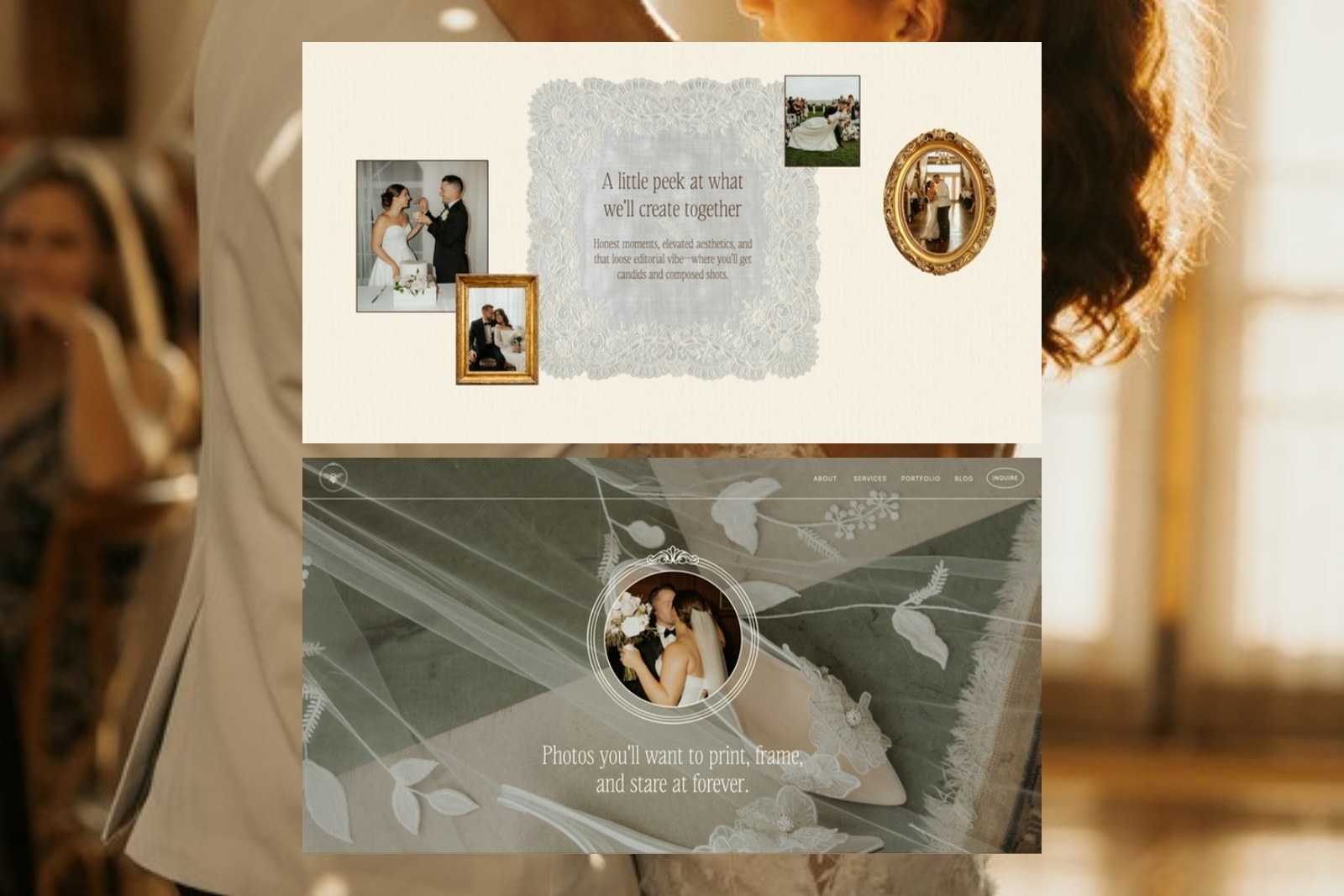 Two Jess Biancardi website sections over a photo of a couple slow dancing