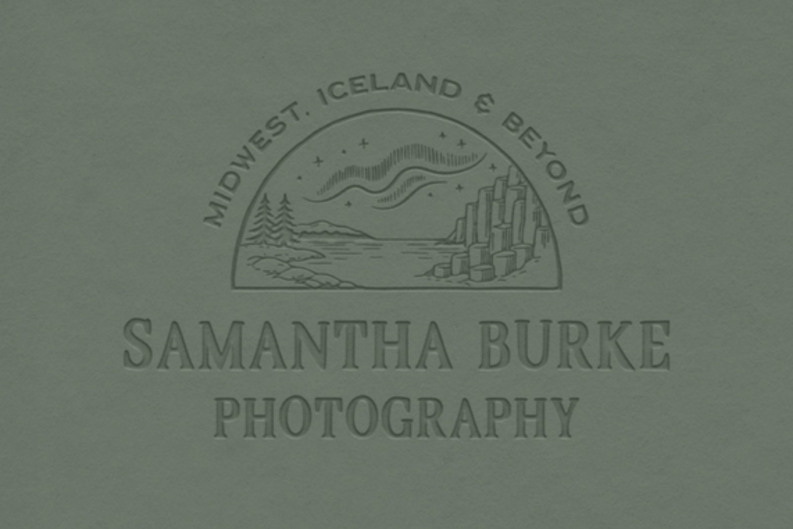 Samantha Burke Photography logo blind-embossed on sage green paper