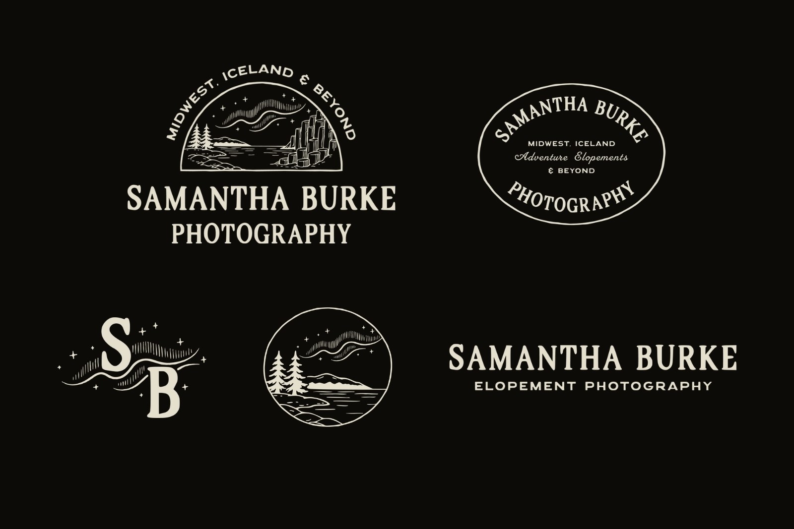 Samantha Burke Photography logo suite: primary logo, oval badge, SB lettermark, circle submark and wordmark on near-black