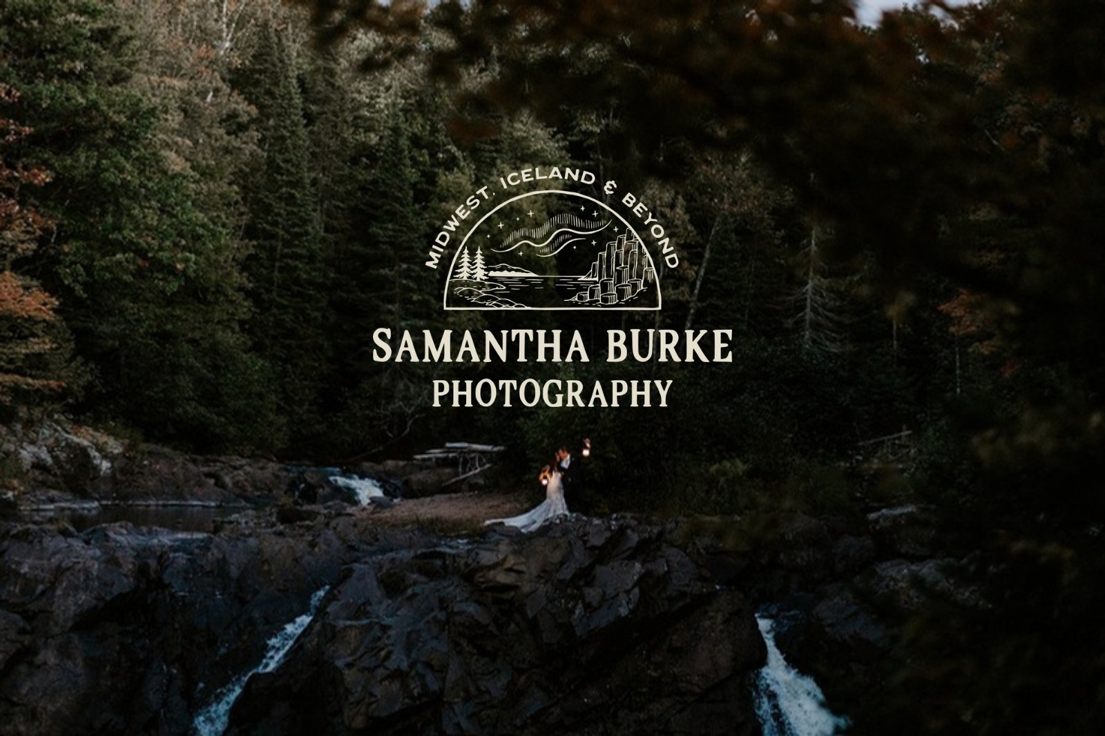 Samantha Burke Photography logo in cream over a couple holding lanterns beside a forest waterfall