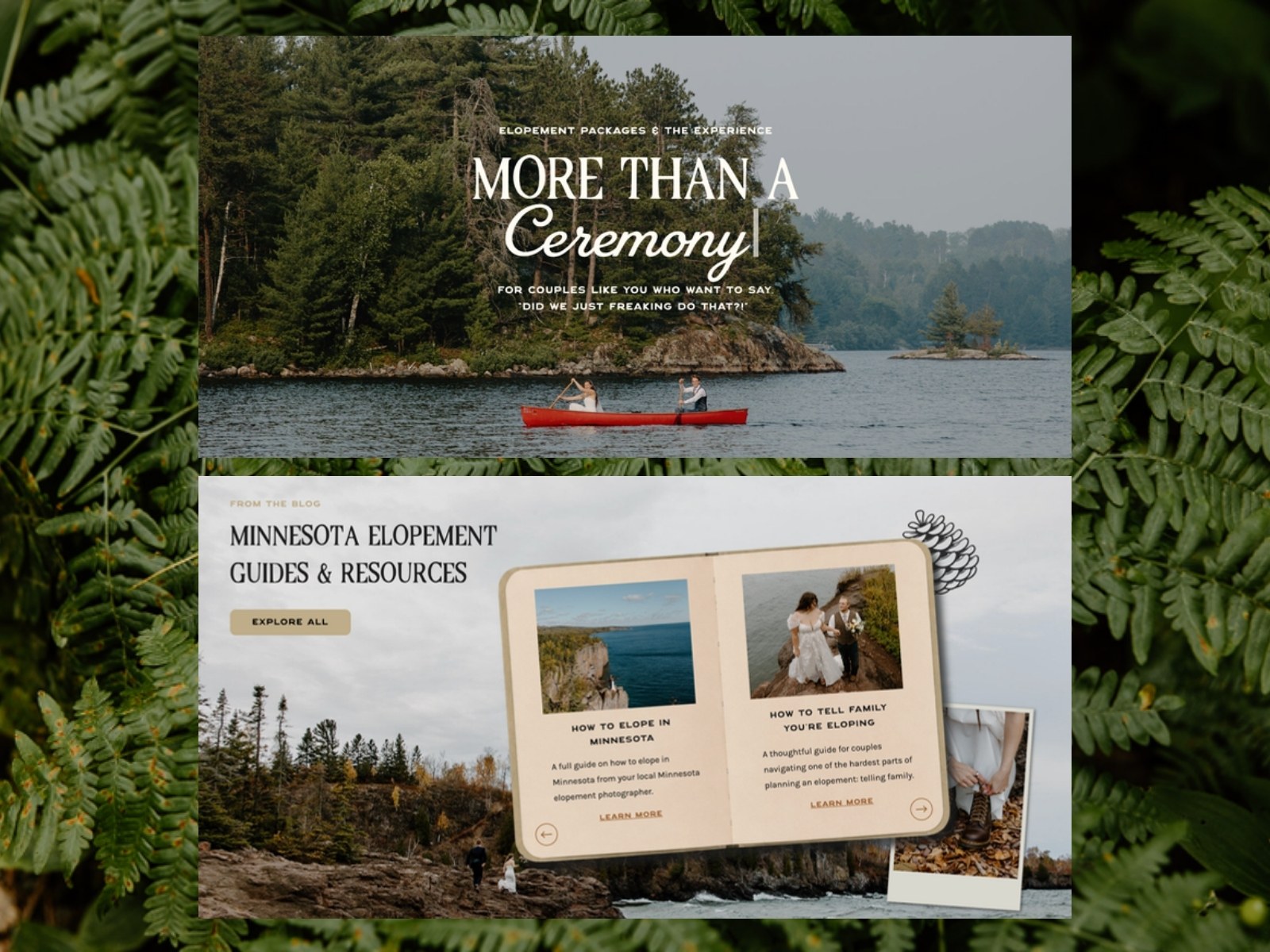 Two Samantha Burke website sections, More Than a Ceremony and Minnesota Elopement Guides, framed over green ferns