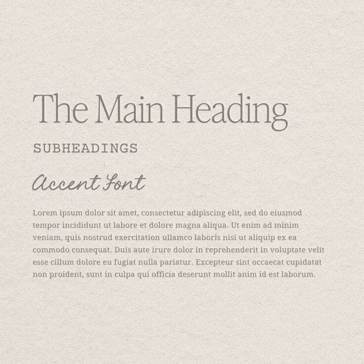 An infographic demonstrating font hierarchy with a brown background and light beige text. The design displays four text levels: a large serif main heading, bold sans-serif subheading, cursive accent font, and smaller serif body text.